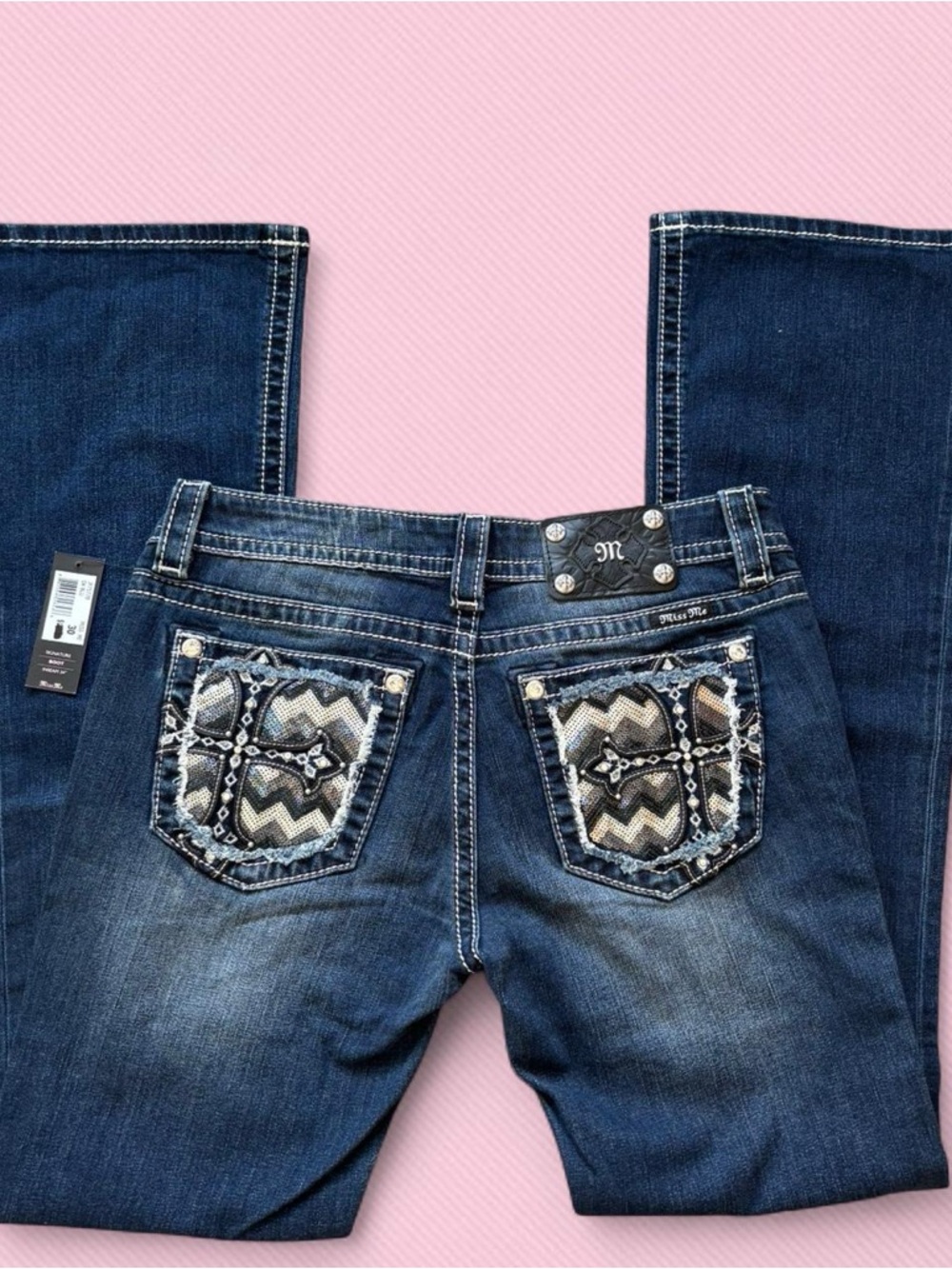 Miss Me Dark Blue Bootcut Jeans with Embroidered Chevron Pockets